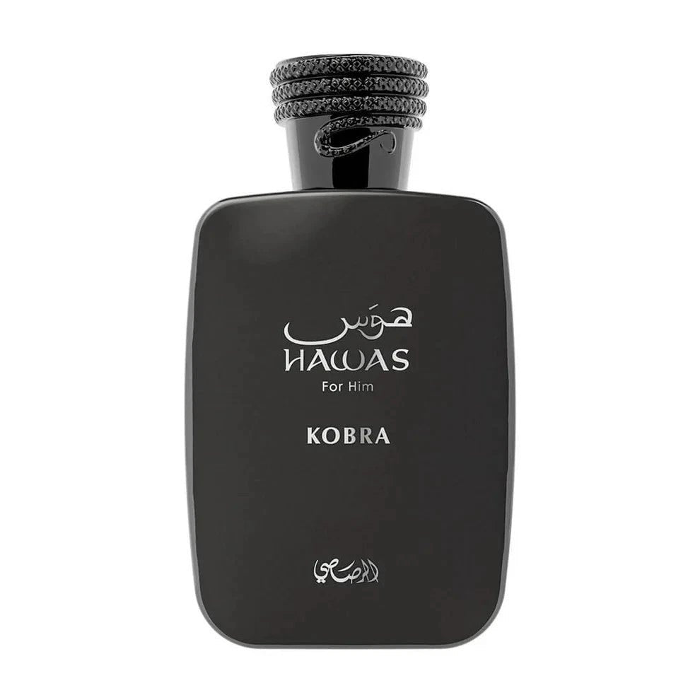 The Rasasi Hawas Kobra 100ml Eau De Parfum features a sleek black rectangular bottle with Arabic script, offering a bold, sophisticated men's fragrance from Rasasi.