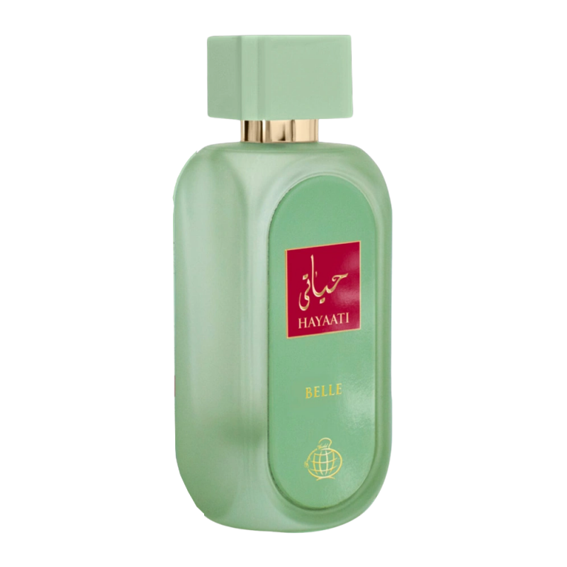 Fragrance World Hayaati Belle 100ml Eau De Parfum features a green bottle with a square cap and red label with gold "Hayaati" and "Belle" text, offering a delightful floral-fruity scent for men and women.