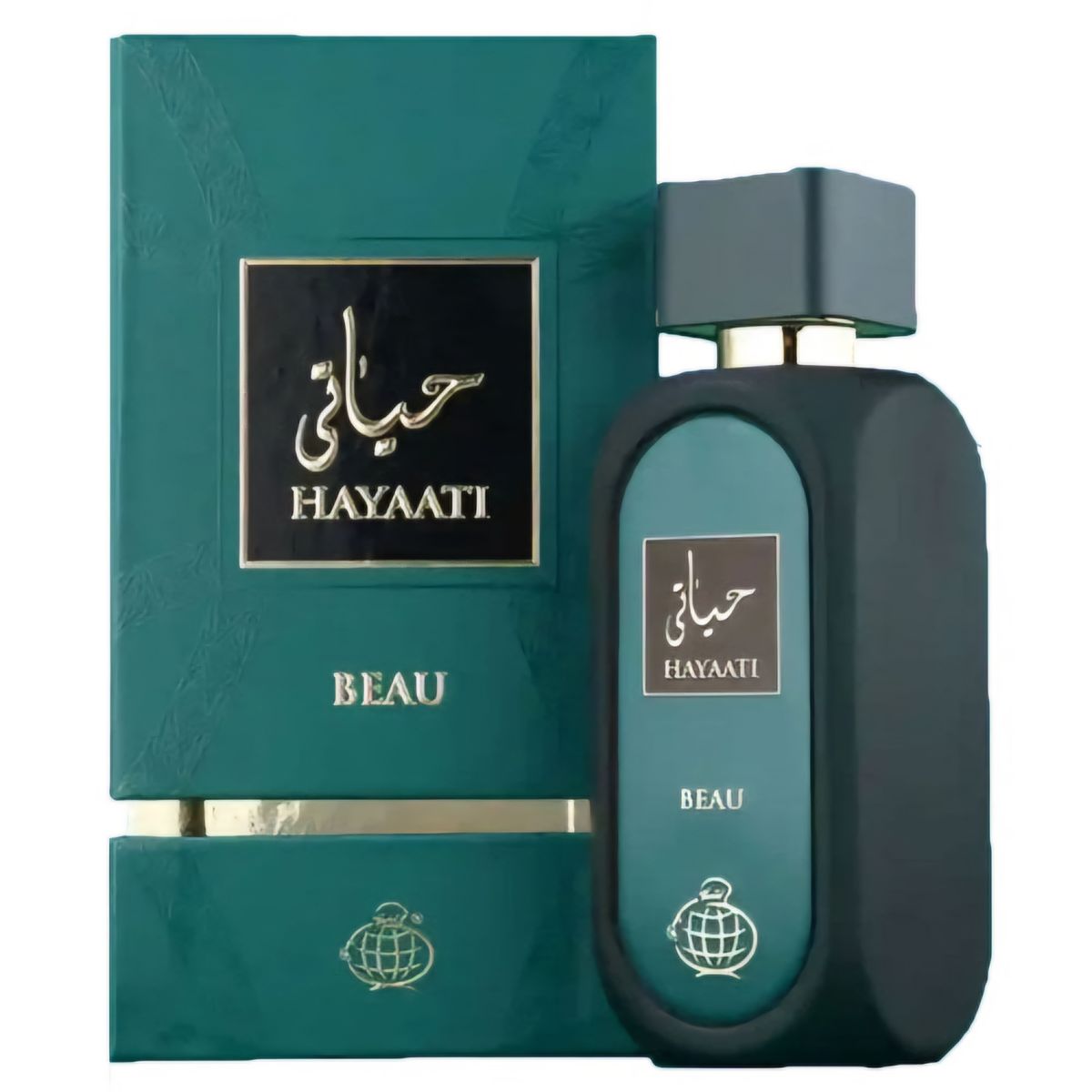 A bottle of Fragrance World Hayaati Beau 100ml Eau De Parfum is displayed with its green and gold box, both labeled in Arabic and English, highlighting this sophisticated woody aromatic scent from Fragrance World.