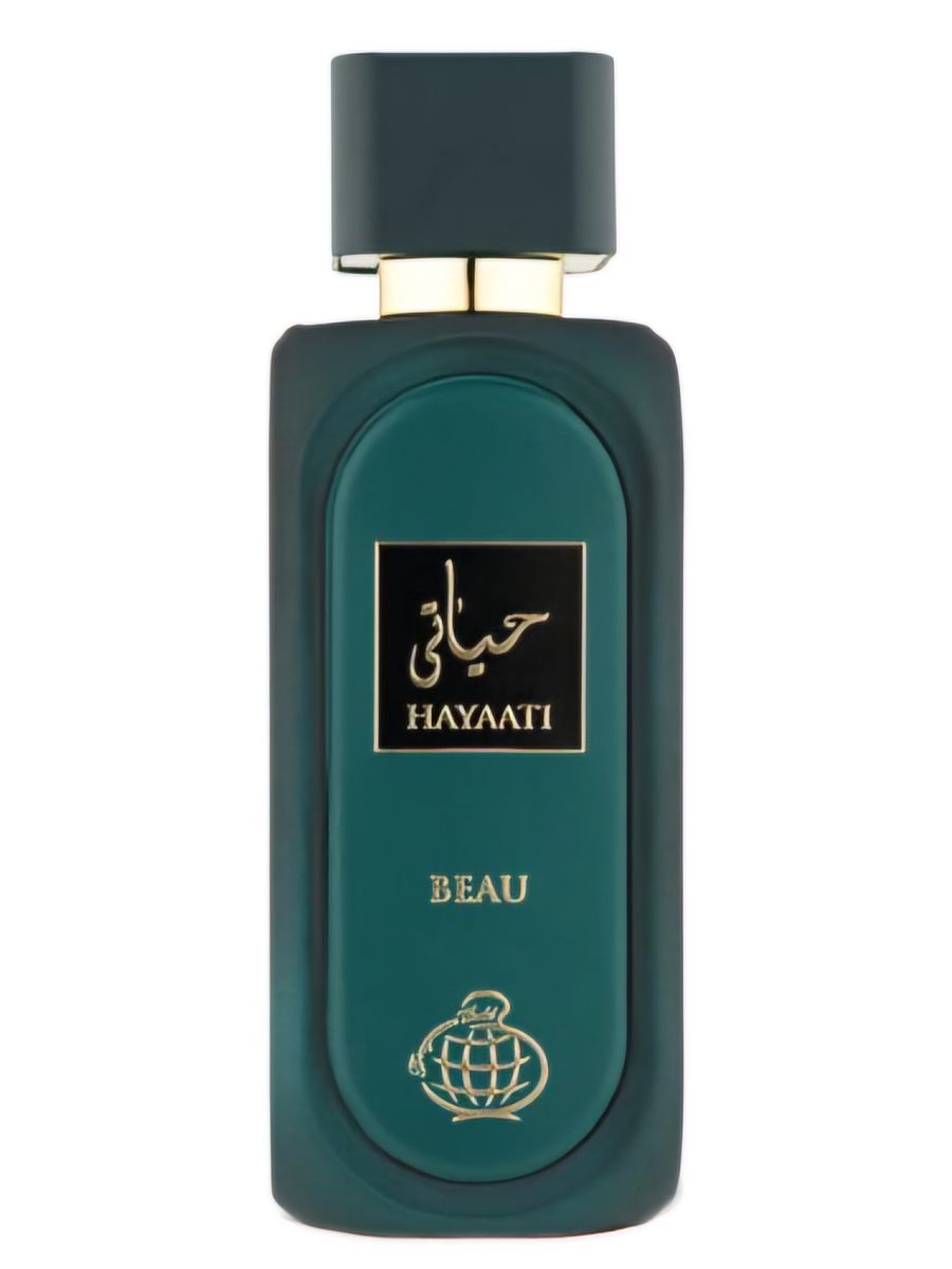 A dark green perfume bottle with gold and black accents, labeled "Hayaati Beau" in Arabic script, reflects the sophisticated woody aromatic scent of Fragrance World Hayaati Beau 100ml Eau De Parfum by Fragrance World.