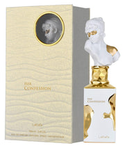 Lattafa Her Confession 100ml Eau De Parfum by Lattafa features a gold and white bust-shaped cap and comes in a matching textured box, showcasing this refined women's fragrance.