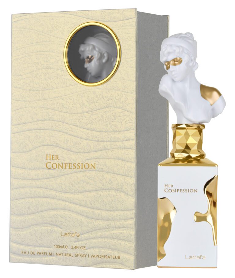 Lattafa Her Confession 100ml Eau De Parfum by Lattafa features a gold and white bust-shaped cap and comes in a matching textured box, showcasing this refined women's fragrance.