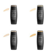 Four bottles of GOSH X-Ceptional Wear Foundation by GOSH are shown in shades 11 Porcelain, 12 Natural, 14 Sand, and 16 Golden, offering natural coverage and a long-lasting matte finish.
