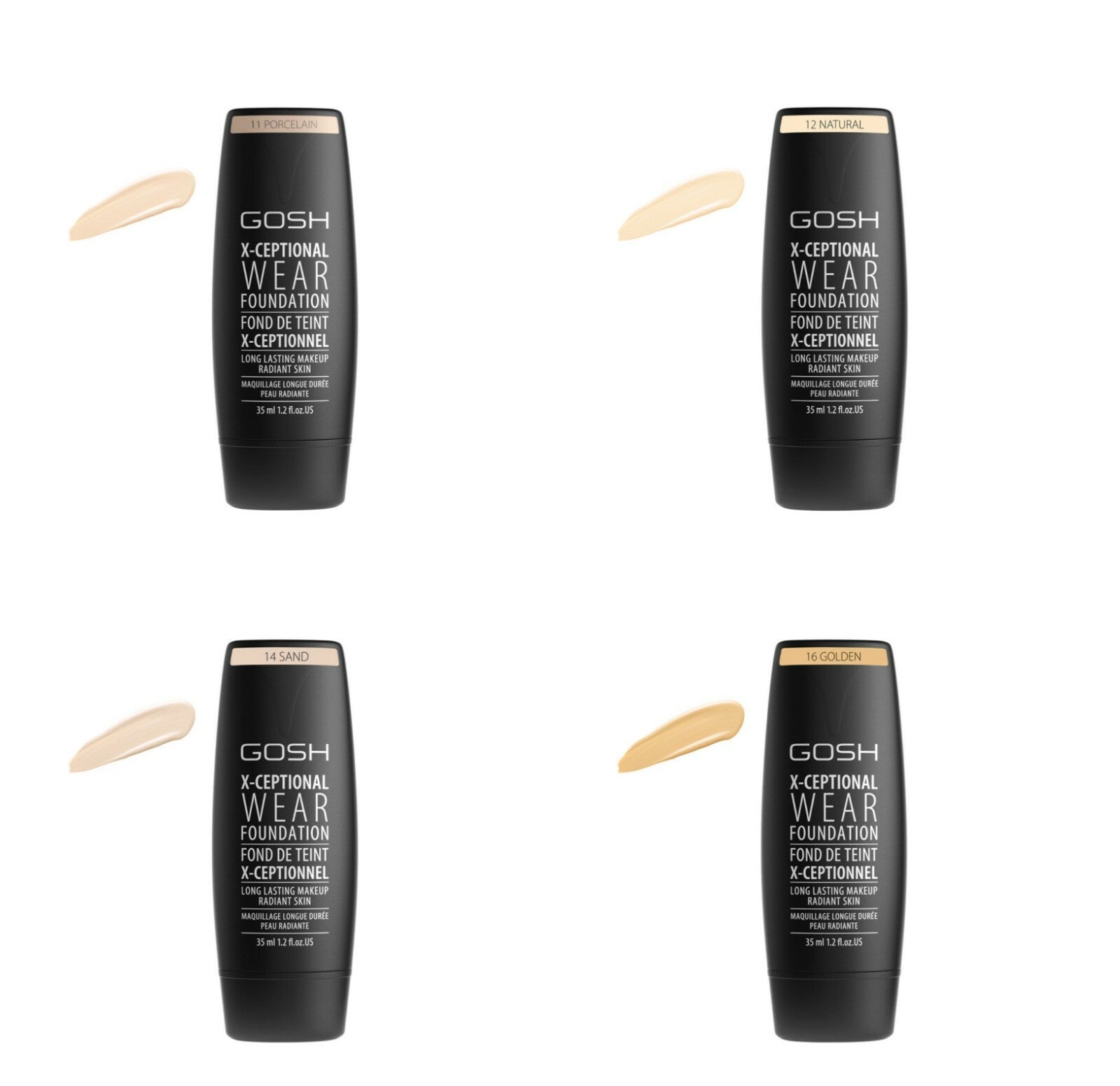 Four bottles of GOSH X-Ceptional Wear Foundation by GOSH are shown in shades 11 Porcelain, 12 Natural, 14 Sand, and 16 Golden, offering natural coverage and a long-lasting matte finish.