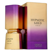 A 100ml bottle and box of French Avenue Hypnotic Gold, showcasing an elegant gold and purple gradient design with front text labels. This Oriental Floral fragrance by French Avenue captures attention with its luxurious look and alluring scent.