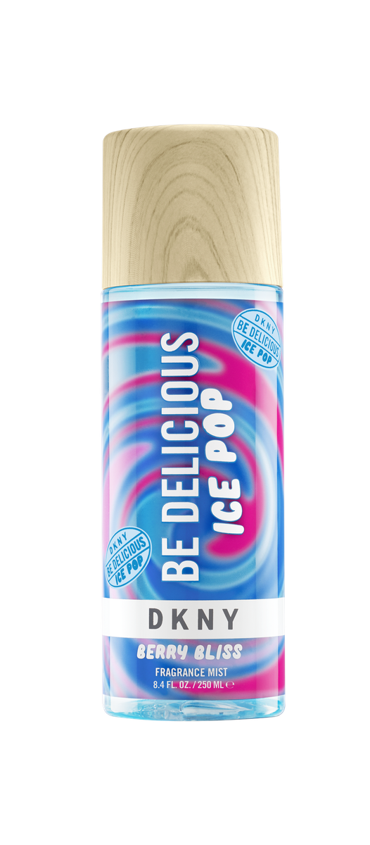 DKNY Be Delicious Ice Pop Berry Bliss fragrance mist 250ml features a playful blue and pink swirled label and a wood-patterned cap, offering a fun twist on the classic DKNY Be Delicious Ice Pop scent.