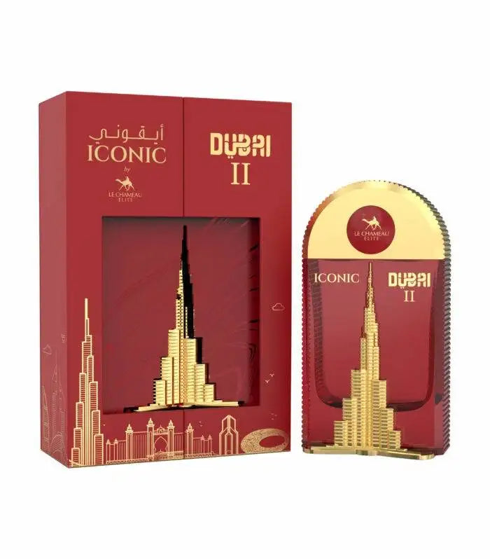 Le Chameau Iconic Dubai II 100ml EDP, in red and gold packaging, features an image of the Burj Khalifa and is a unisex fragrance from Le Chameau.