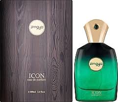 A green and black Zimaya Icon 100ml EDP bottle, a bold masculine fragrance by Zimaya, stands beside its wood-textured packaging.