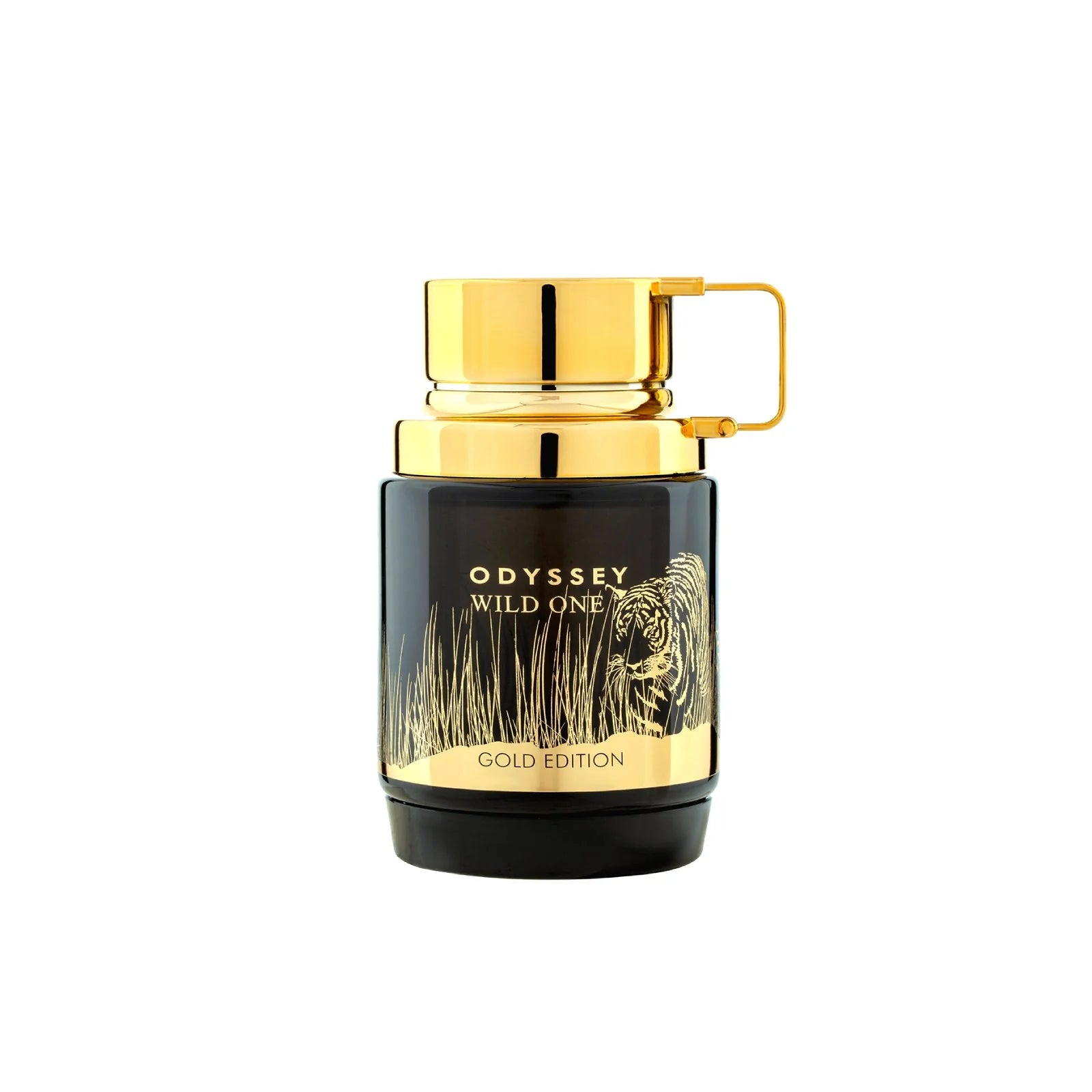 The Armaf Odyssey Wild One 100ml Eau De Parfum features a striking black and gold bottle with grass and lion illustrations—a luxurious fragrance by Armaf for bold spirits.