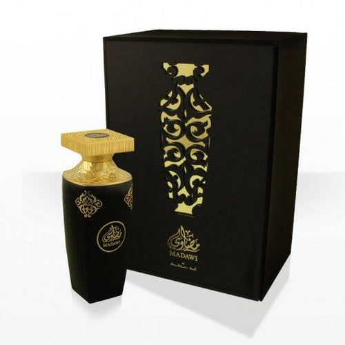 An Arabian Oud Madawi 90ml perfume bottle in front of a Rio Perfumes box.