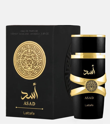 A bottle of Lattafa Asad Eau de Parfum 100ml with a gold box. (Lattafa)