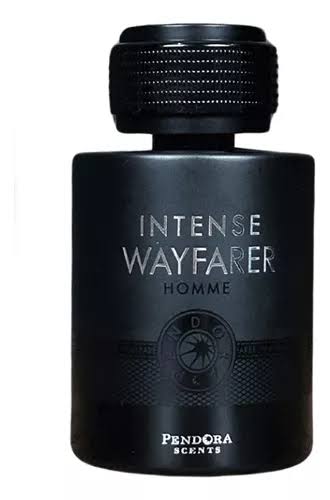 A black bottle of Pendora Scents Intense Wayfarer 100ml Eau De Parfum with silver text and a textured cap, offering a bold unisex fragrance from Pendora Scents.