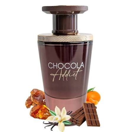 French Avenue Chocola Addict 100ml EDP perfume features a brown bottle adorned with the “Chocola Addict” label. This gourmand fragrance from French Avenue is displayed amid sumptuous chocolate pieces, delicate vanilla blossoms, amber stones, and a fresh orange fruit—an irresistible olfactory treat.