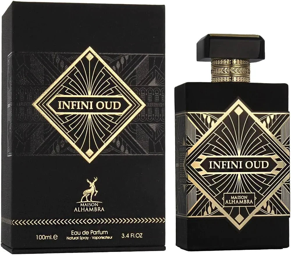 Maison Alhambra Infini Oud 100ml EDP by Maison Alhambra features an elegant black bottle with gold geometric patterns, presented next to its stylish matching packaging.