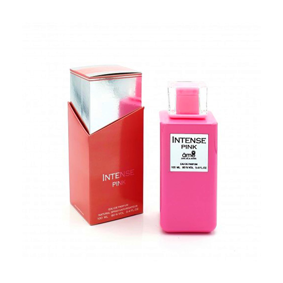 Ame Intense Pink 100ml Eau De Parfum by Ame comes in a pink rectangular bottle labeled "INTENSE PINK," displayed next to its matching pink and silver box on a white background. Suitable for both men and women.