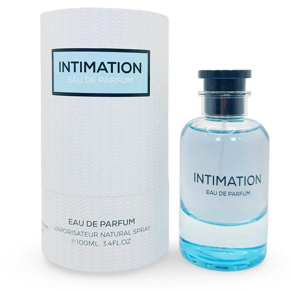 Emper Intimation 100ml EDP by Emper features a clear glass bottle with a black cap beside its white cylindrical packaging, offering a refined men’s fragrance.