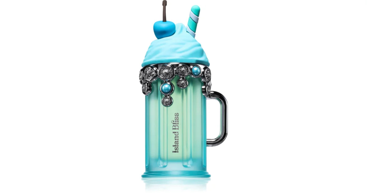 A blue milkshake mug with whipped topping, charms, cherry, and striped straw captures the tropical vibe of Island Bliss—a floral fruity perfume for women: Armaf Delights Island Bliss 100ml EDP by Armaf.