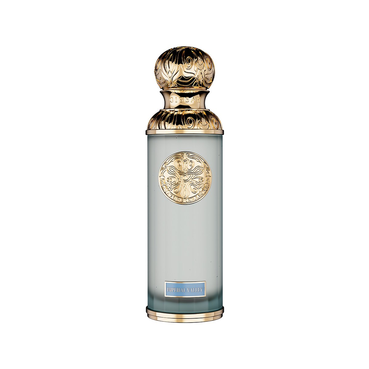 The Gissah Imperial Valley 200ml EDP features a tall, frosted glass bottle with ornate gold detailing, an embossed medallion, and a decorative gold cap—an elegant unisex fragrance by Gissah.