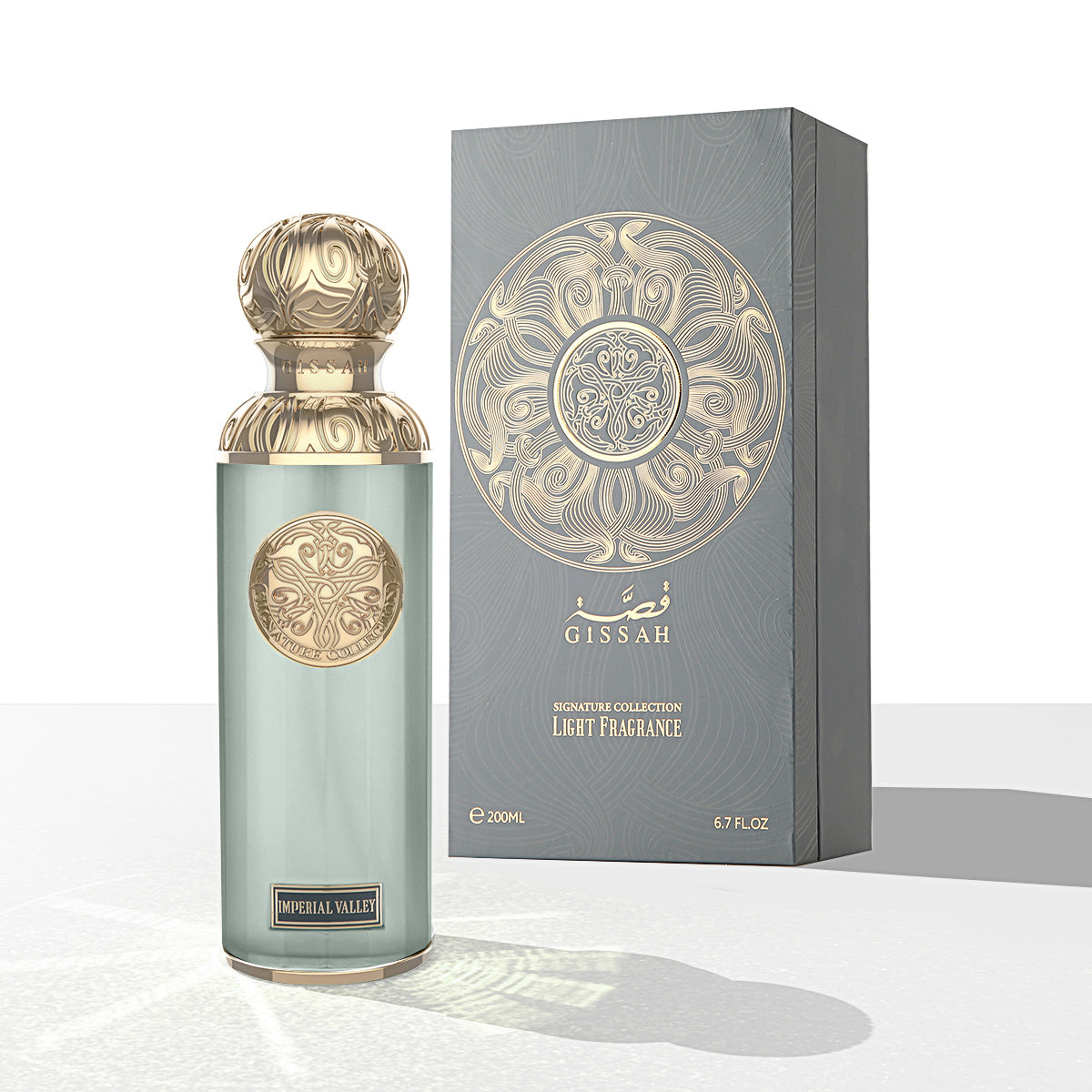 The Gissah Imperial Valley 200ml EDP features a decorative bottle and an ornate, gold-detailed box with the Gissah brand, offering a refined unisex fragrance.