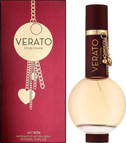 A bottle of Verato Pour Femme 100ml EDP by Verato is displayed beside its burgundy and gold packaging adorned with chain and heart motifs. The round bottle, topped with a coordinating burgundy cap, reflects an elegant women’s fragrance highlighted by notes of white musk.