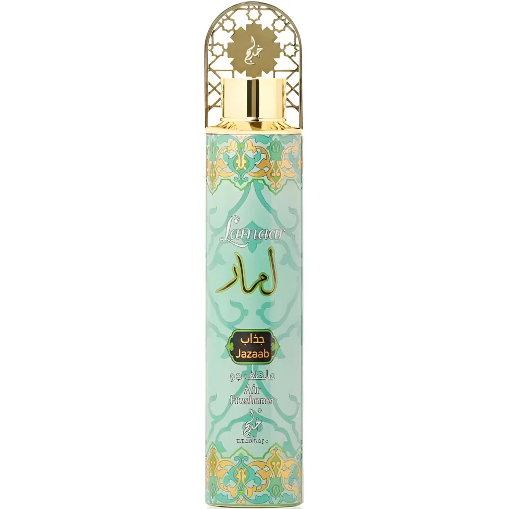 The Khadlaj (Lamaar) Jazaab Air Freshener comes in a cylindrical can with a gold and teal design and Arabic script, offering a chypre floral scent for lasting freshness.
