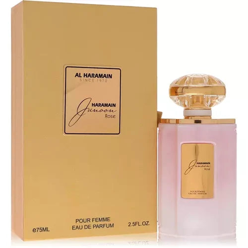 AL Haramain Junoon Rose 75ml EDP, an exquisite Oriental Floral fragrance by AL Haramain, is displayed next to its matching gold box.