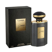 The AL Haramain Junoon Noir 75ml EDP is a luxurious women's fragrance in a stylish black and gold bottle, accompanied by a matching textured box—perfect for special occasions.