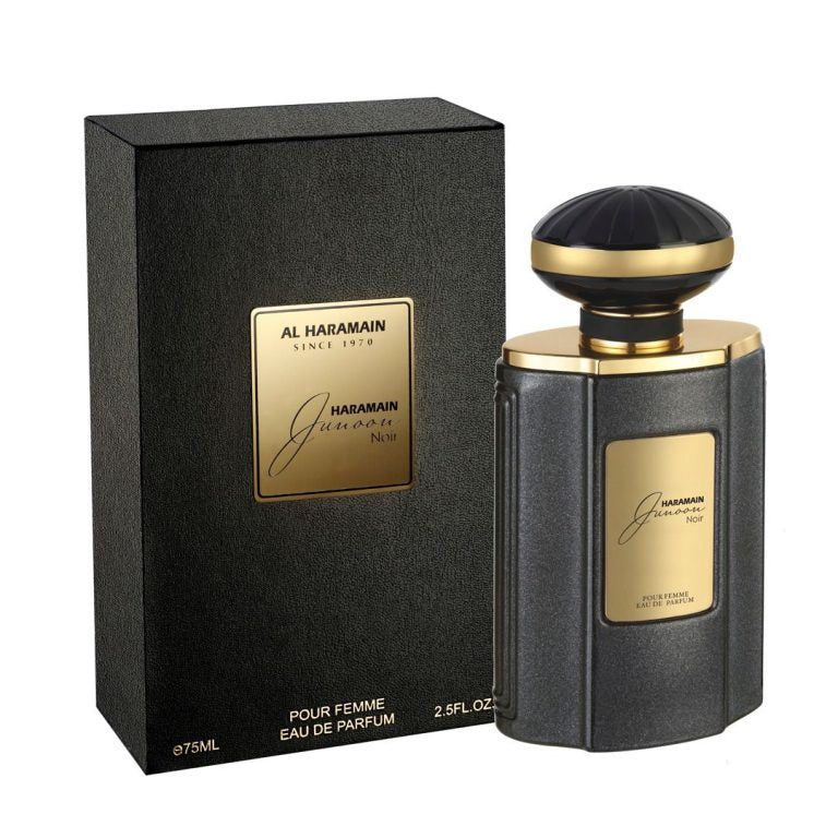 The AL Haramain Junoon Noir 75ml EDP is a luxurious women's fragrance in a stylish black and gold bottle, accompanied by a matching textured box—perfect for special occasions.