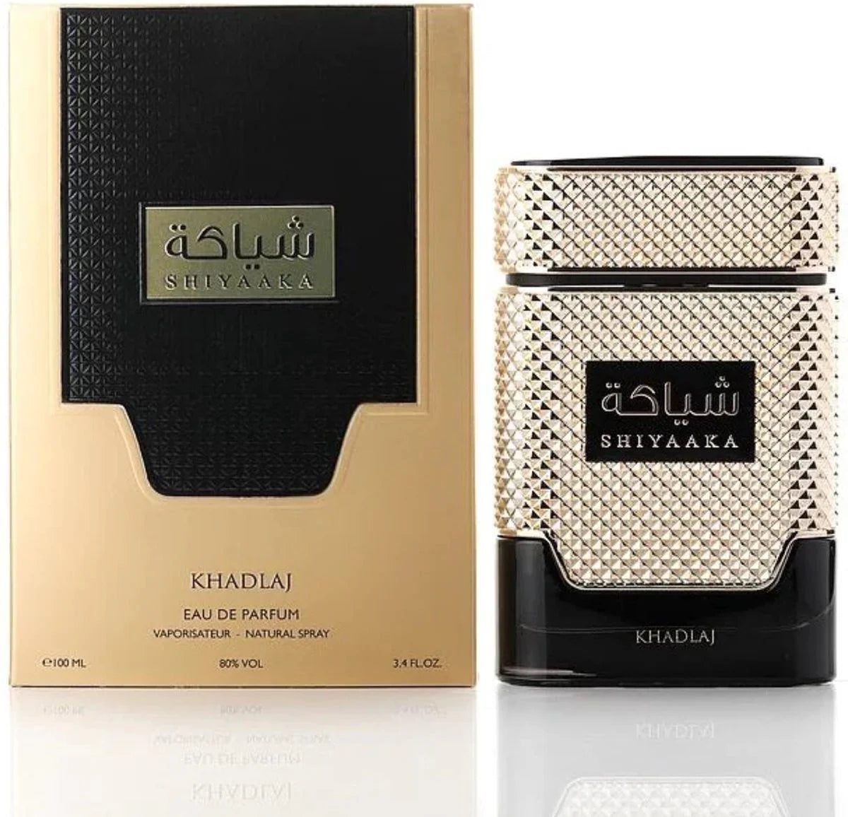 A 100ml bottle and box of Rio Perfumes Khadlaj Shiyaaka Gold EDP, both with a textured gold and black design displaying Arabic and English text.