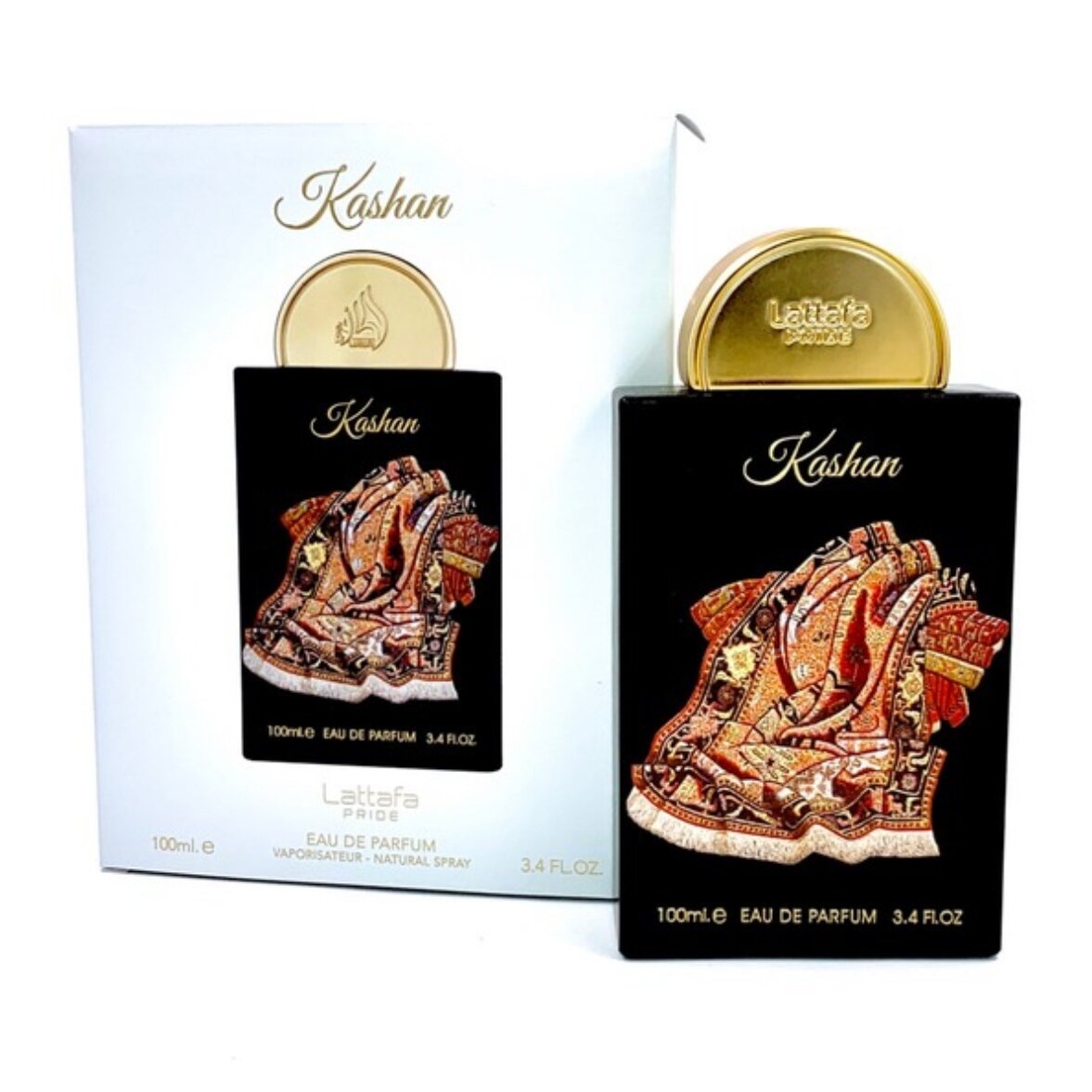A black and gold bottle of Lattafa Pride Kashan 100ml EDP by Rio Perfumes stands before its matching box, both adorned with ornate colorful geometric designs—a striking unisex fragrance presentation.