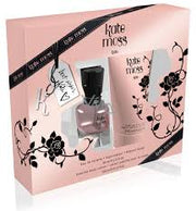 A pink and black "Kate Moss Kate 30ml EDT gift set" by Kate Moss, featuring perfume and body lotion in a floral box with a printed autograph.