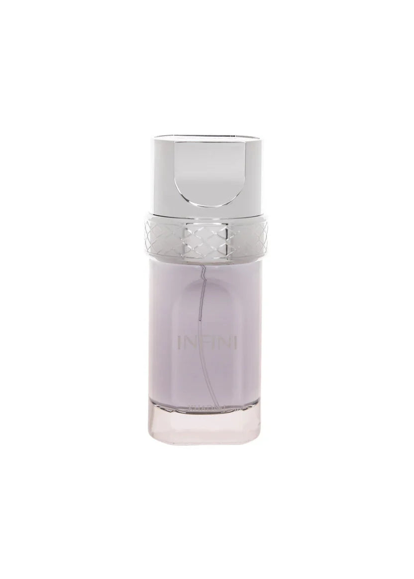 A clear glass bottle with a silver cap and light purple liquid labeled "INFINI" displays Khadlaj Infini 100ml EDP by Dubai Perfumes, an elegant unisex oriental floral fragrance, set against a plain white background.