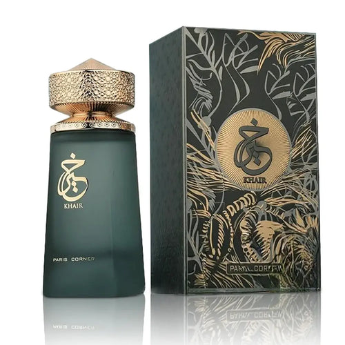 A bottle of Paris Corner Khair 100ml Eau De Parfum next to its ornately designed packaging, a fragrance for men & women.
