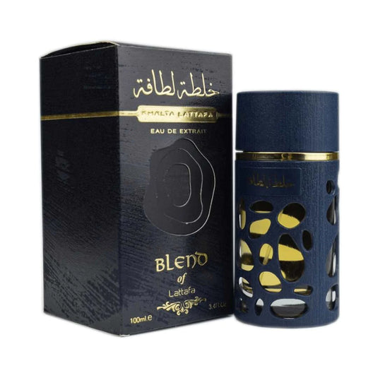 A bottle of "Rio Perfumes Khalta Blend of Lattafa 100ml Eau De Extrait" perfume next to its amber spicy packaging.