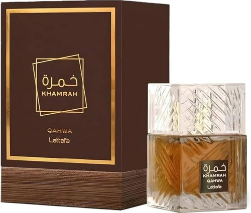 A bottle of Lattafa Khamrah Qahwa 100ml Eau De Parfum by Lattafa next to its brown packaging box.