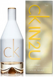 Calvin Klein Ck IN2U Her 100ml EdT—a modern women’s fragrance in sleek white and gold packaging, featuring both the bottle and box.