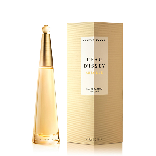 A gold bottle of Issey Miyake L'Eau d'Issey Absolue 90ml EDP stands next to its matching gold box packaging.