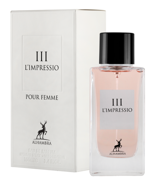 A bottle of "Maison Alhambra L’Impressio III Pour Femme 100ml Eau De Parfum" by Alhambra next to its packaging box, both featuring a deer logo.