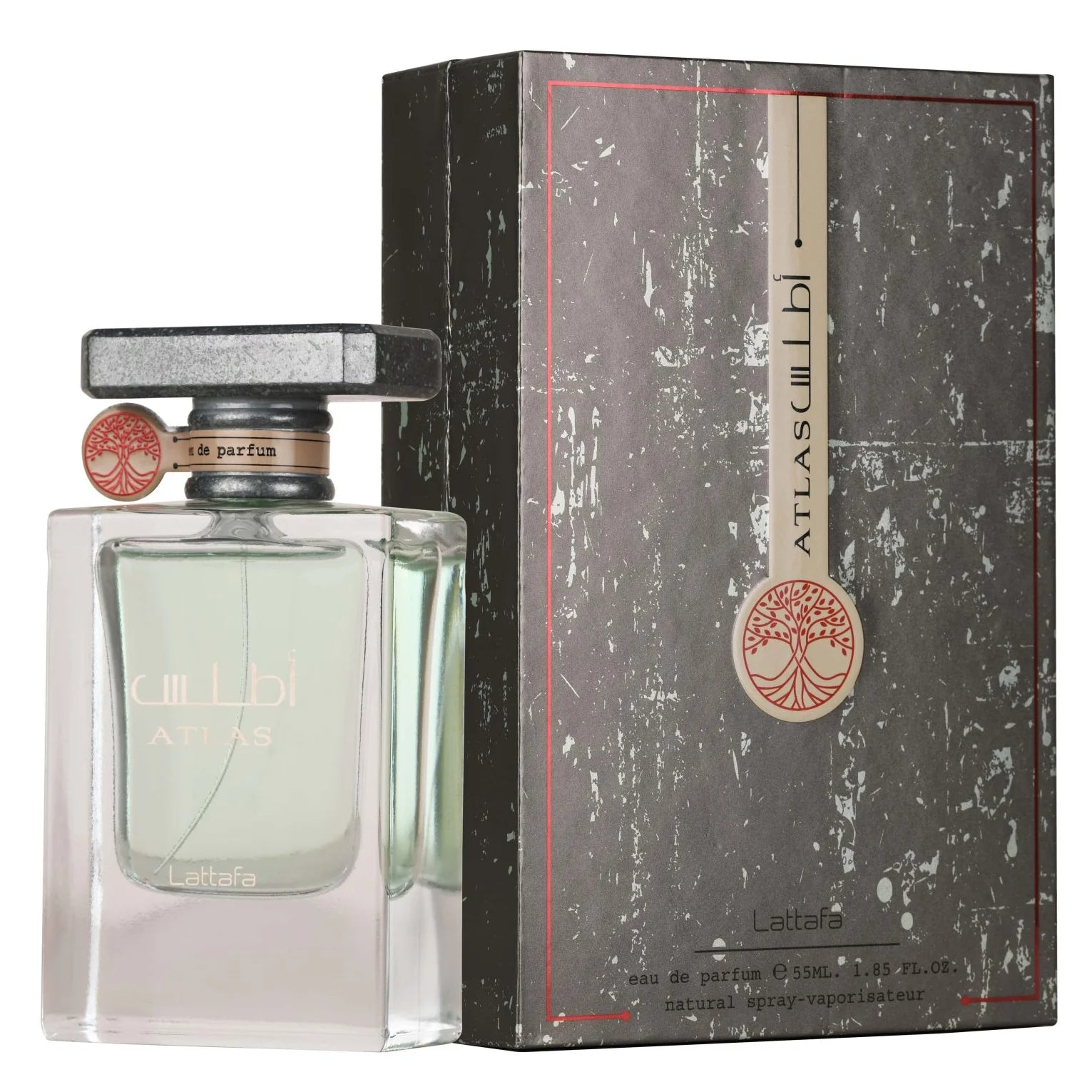 Lattafa Atlas 100ml EDP by Rio Perfumes, a warm and spicy unisex scent, is displayed beside its matching black and gray box with silver and red accents.