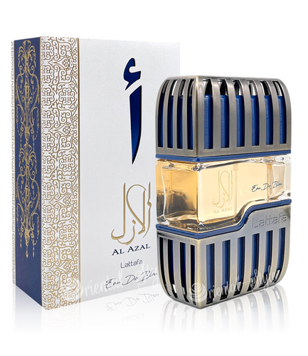 A bottle of Lattafa Al Azal 100ml Eau De Parfum with a blue box in front of it. The fragrance is woody.