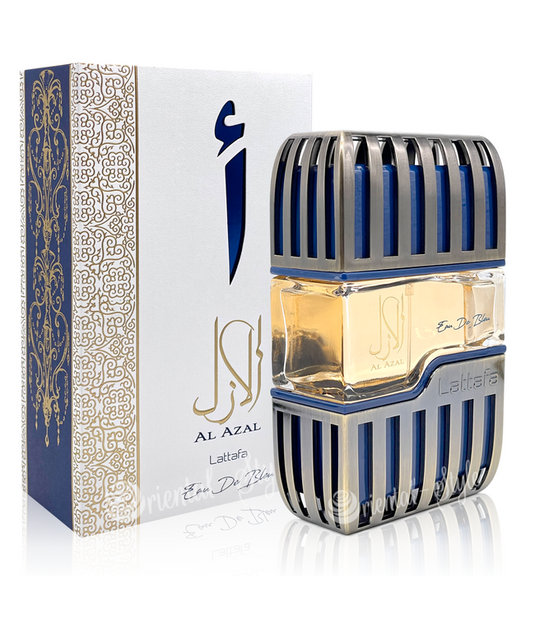 A bottle of Lattafa Al Azal 100ml Eau De Parfum with a blue box in front of it. The fragrance is woody.