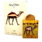 The Lattafa Pride Art Of Nature I 100ml EDP by Lataffa is a unisex oriental perfume, presented in a box and bottle adorned with camel and desert art.