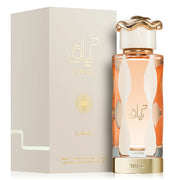 A 100ml bottle of Lattafa Teriaq Eau De Parfum by Rio Perfumes, featuring a gold snake-shaped cap, is shown beside its matching beige and gold box, emphasizing this alluring unisex fragrance.