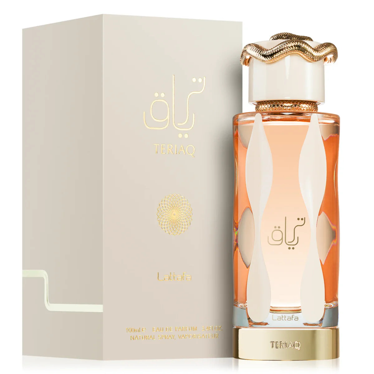 A 100ml bottle of Lattafa Teriaq Eau De Parfum by Rio Perfumes, featuring a gold snake-shaped cap, is shown beside its matching beige and gold box, emphasizing this alluring unisex fragrance.