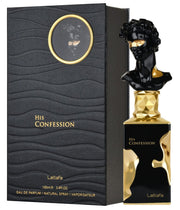 A black and gold Lattafa His Confession 100ml Eau De Parfum bottle with a sculpted head design stands next to its matching textured box, both featuring the Lattafa brand.