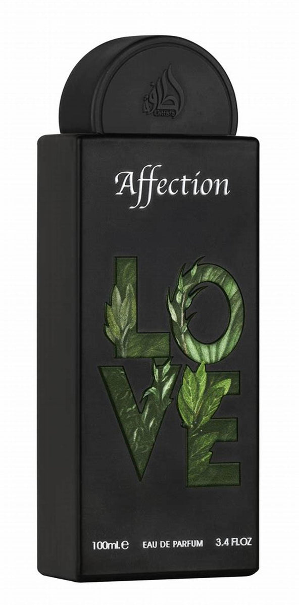 A black Lattafa Affection 100ml Eau De Parfum bottle features "LOVE" in bold, green leaf-patterned letters above "100mL Eau de Parfum 3.4 FL OZ," reflecting Lattafa’s signature Oriental Floral fragrance.