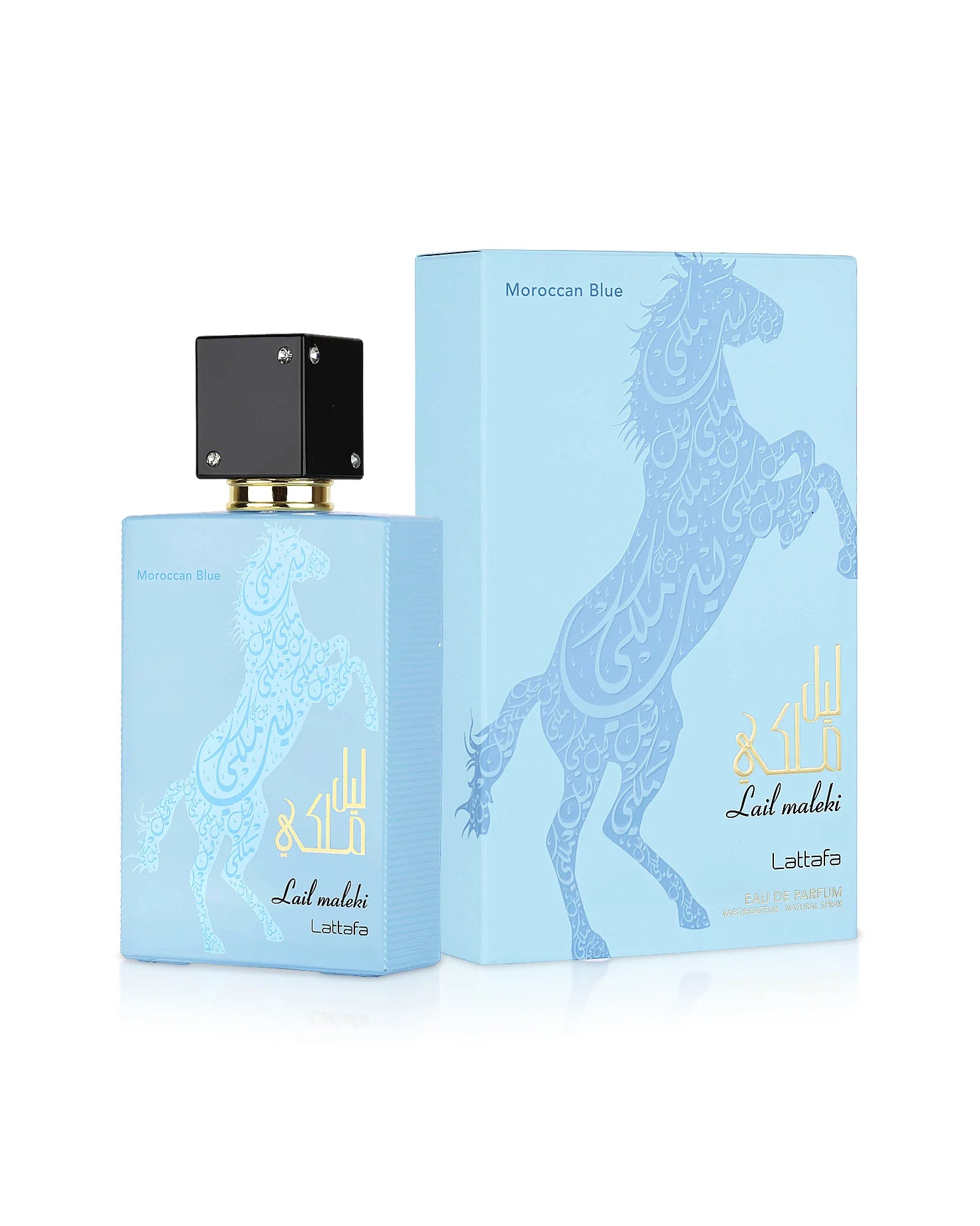 The Lattafa Lail Maleki Moroccan Blue 100ml Eau de Parfum features a decorative horse design and gold lettering on both the light blue bottle and matching box—a captivating unisex fragrance by Lattafa.
