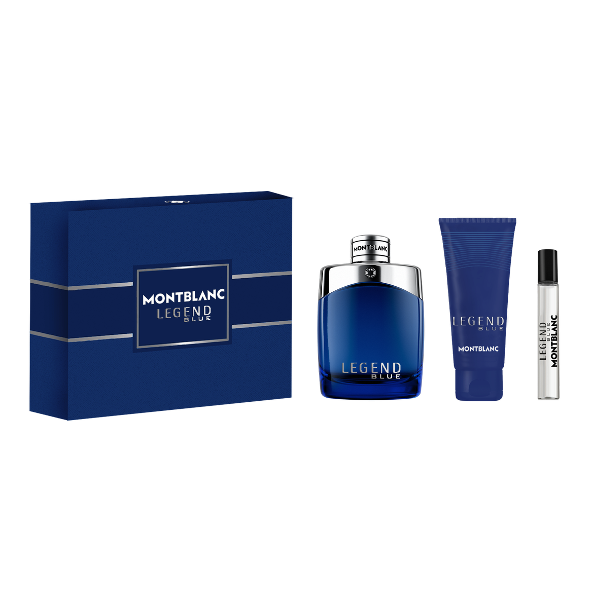 The Montblanc Legend Blue 100ml EDP Gift Set includes a perfume bottle, shower gel, and travel spray in a blue box—an elegant men's fragrance collection from Montblanc.