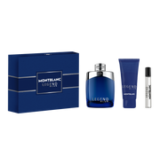 The Montblanc Legend Blue 100ml EDP Gift Set includes a perfume bottle, shower gel, and travel spray in a blue box—an elegant men's fragrance collection from Montblanc.