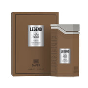 Emper Legend Pride 100 ml Parfum by Emper comes in a brown box and matching bottle with silver accents, featuring bilingual English and Arabic labels that showcase this distinguished fragrance.
